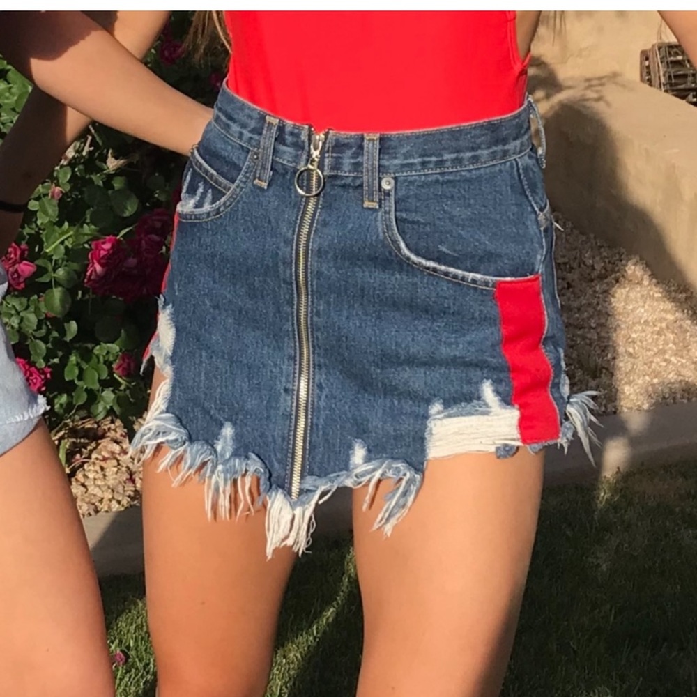 CARMAR denim mini skirt with red stripe
